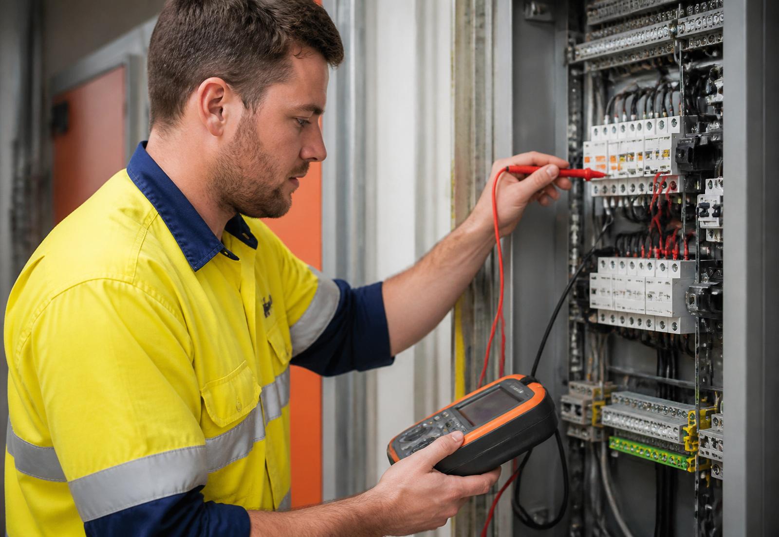 Licensed Perth electrician performing electrical compliance testing on a switchboard