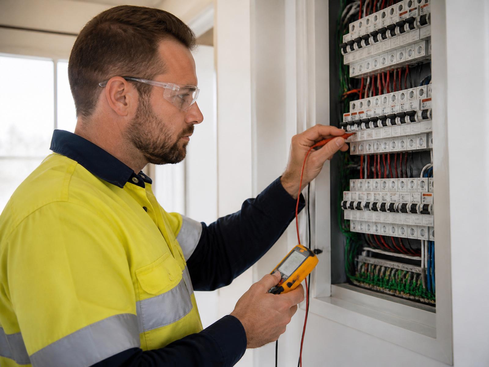 Licensed Perth electrician using a multimeter to test breakers in a residential switchboard.