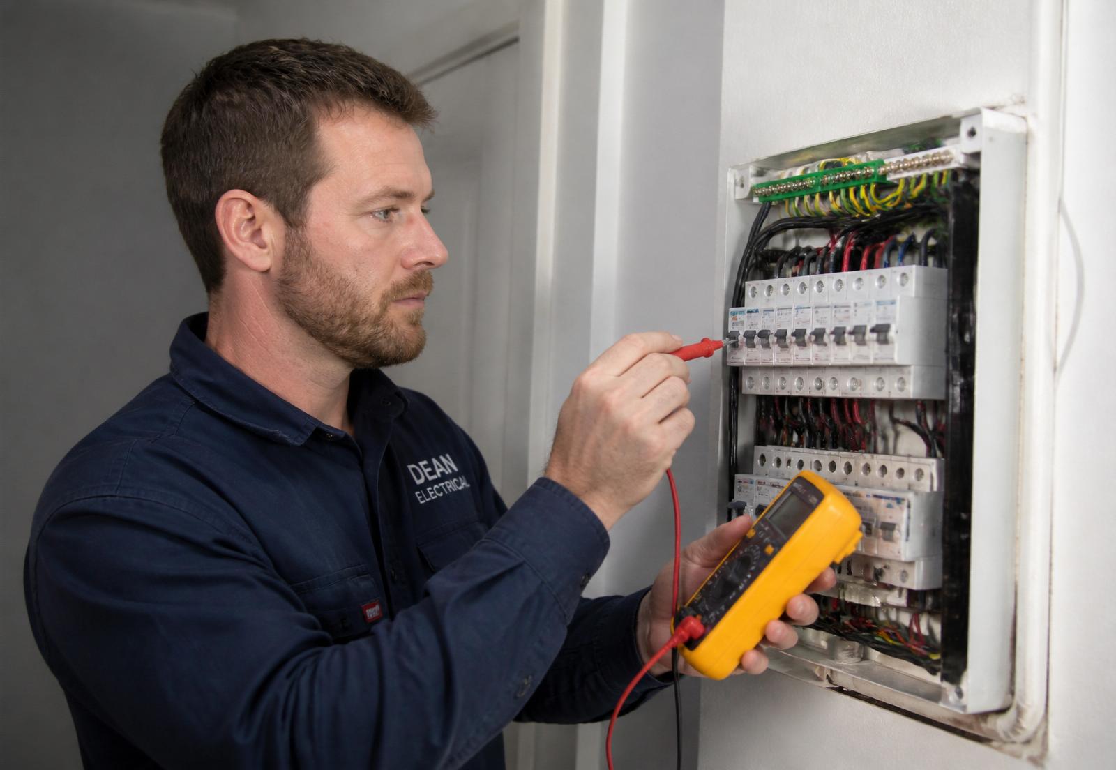 Perth licensed electrician testing circuits inside a residential switchboard