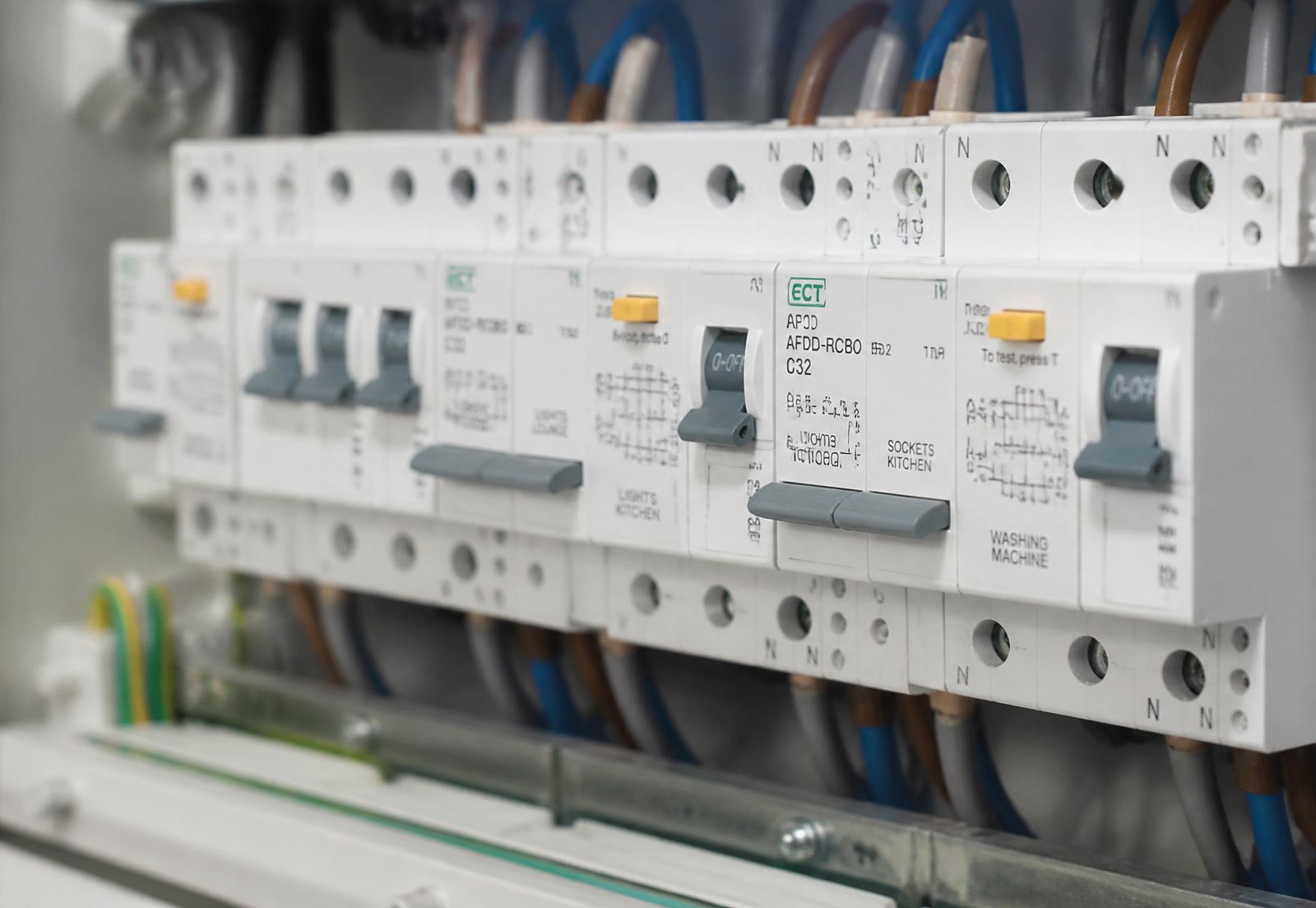 Close-up of modern RCBO safety switches inside a residential switchboard